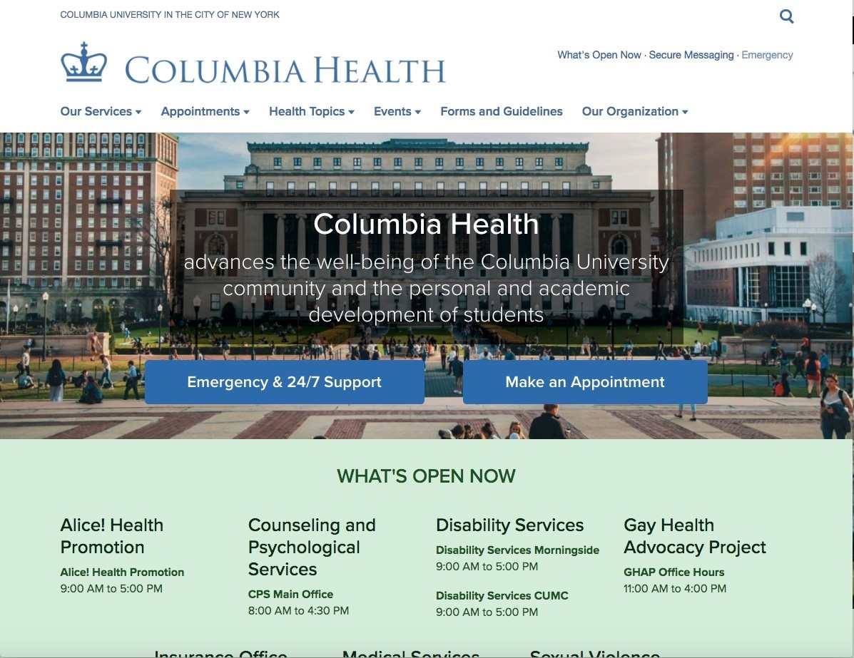 Picture of the Columbia Health page