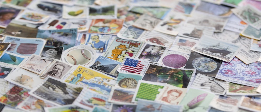 Stamps from around the world, donated by students who have been immunized by Columbia Health