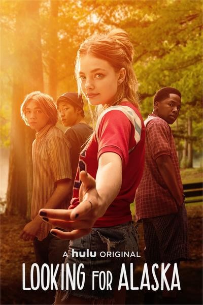 Poster of "Looking for Alaska" a Hulu Originals Series. Four teenagers, three male and one female looking at the camera with trees in the background.