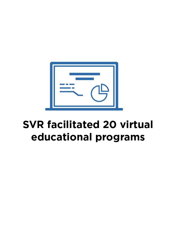 Icon of computer screen with graphs and charts and SVR facilitated 20 virtual educational programs
